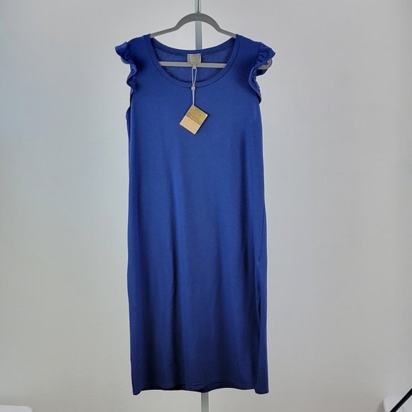 DUAL NATURE ruffle sleeveless shift midi dress blue Sz M NEW - Picture 5 of 7
